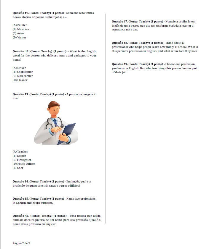 AVALIAÇÃO DIAGNÓSTICA DE INGLÊS – PROFESSIONS | PROFISSÕES ✏️✨ — amostra 1: A Avaliação Diagnóstica de Inglês – Professions…