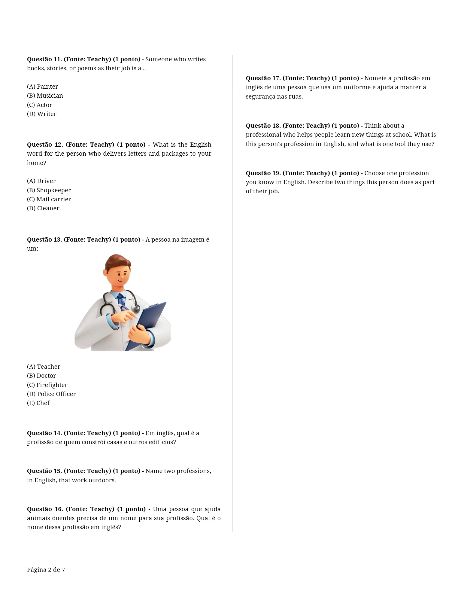 AVALIAÇÃO DIAGNÓSTICA DE INGLÊS – PROFESSIONS | PROFISSÕES ✏️✨ — amostra 6: A Avaliação Diagnóstica de Inglês – Professions…