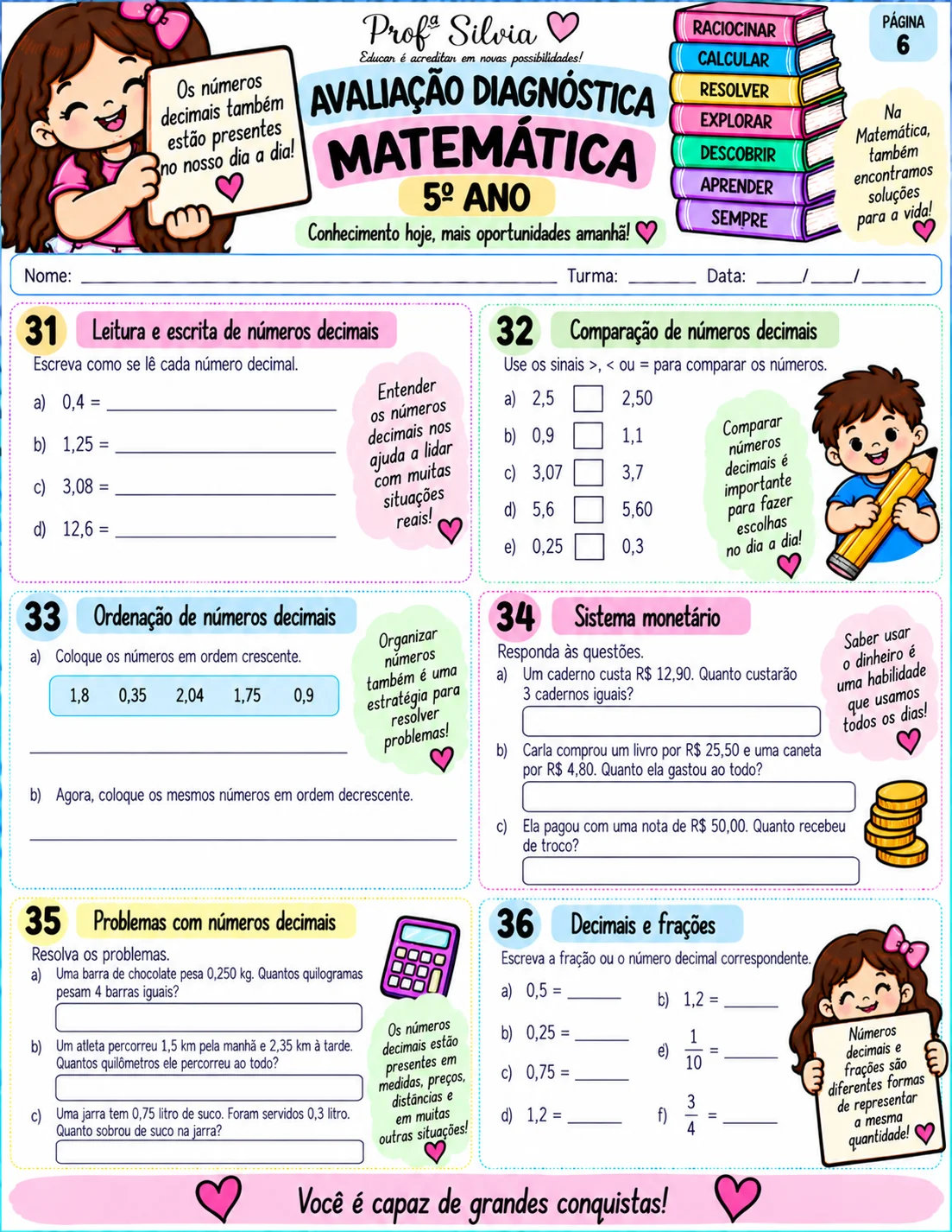Avaliação Diagnóstica de Matemática – 5º Ano — amostra 3: Avaliação diagnóstica de Matemática para o 5º ano, com atividades…