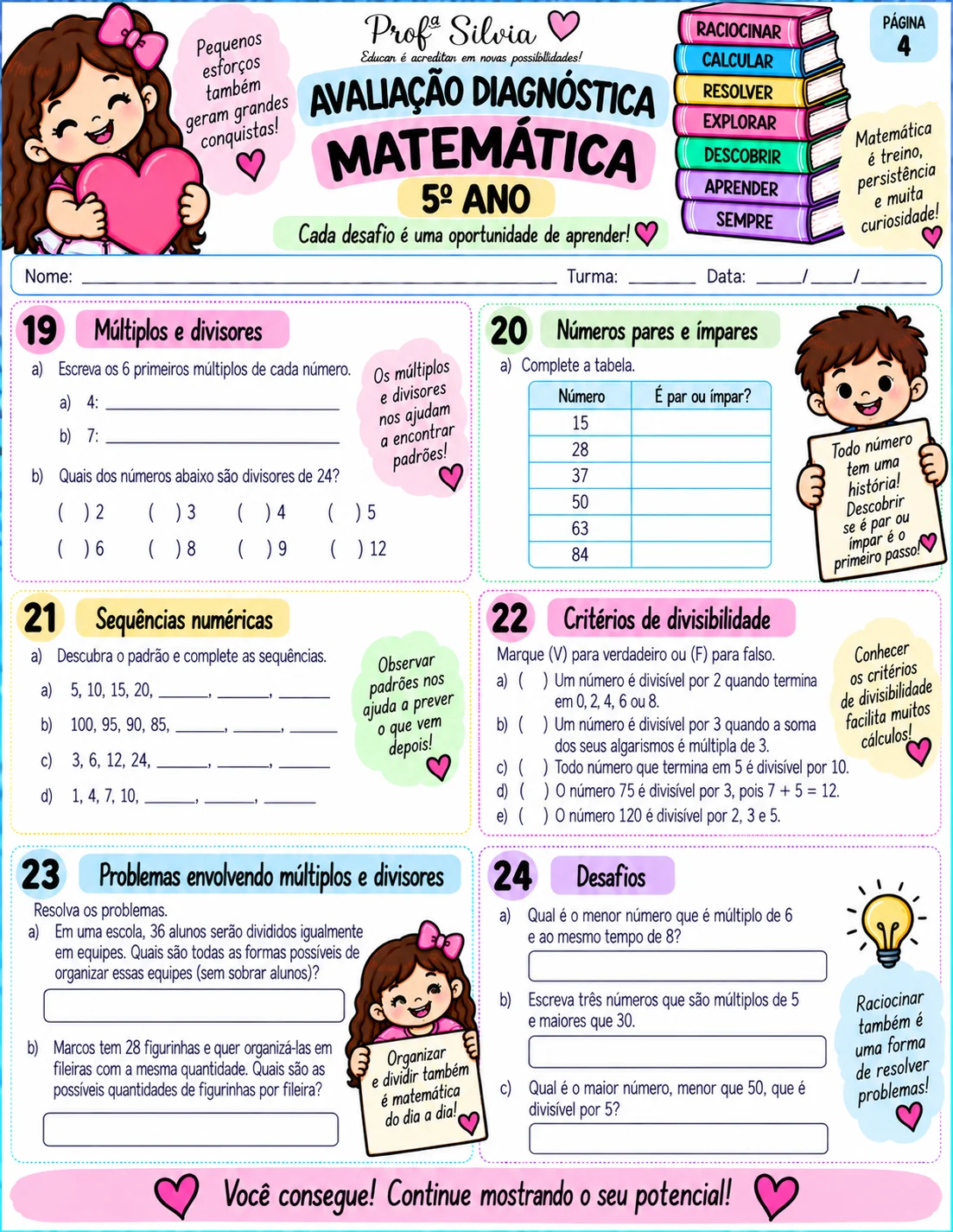 Avaliação Diagnóstica de Matemática – 5º Ano — amostra 5: Avaliação diagnóstica de Matemática para o 5º ano, com atividades…