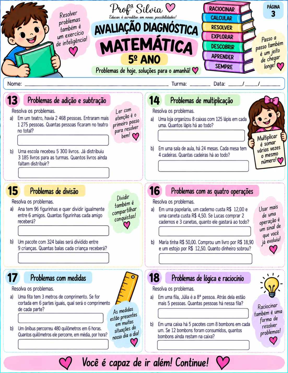 Avaliação Diagnóstica de Matemática – 5º Ano — amostra 6: Avaliação diagnóstica de Matemática para o 5º ano, com atividades…