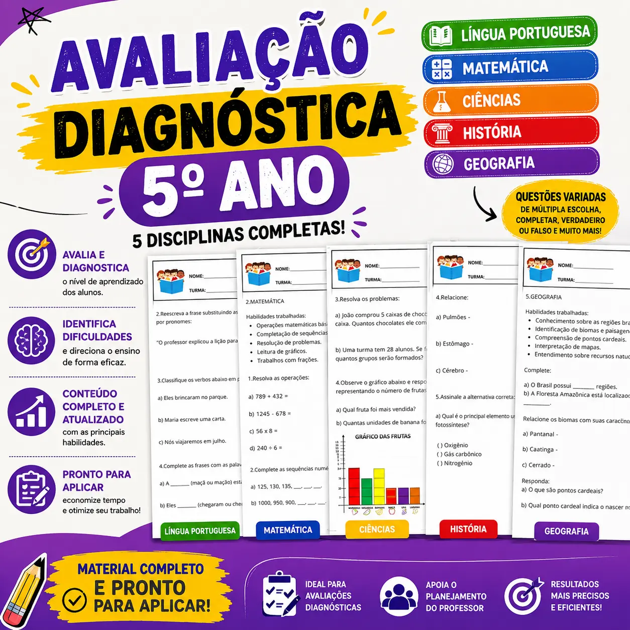 ✅Avaliação Diagnóstica do 5º Ano - ENSINO FUNDAMENTAL — capa do material