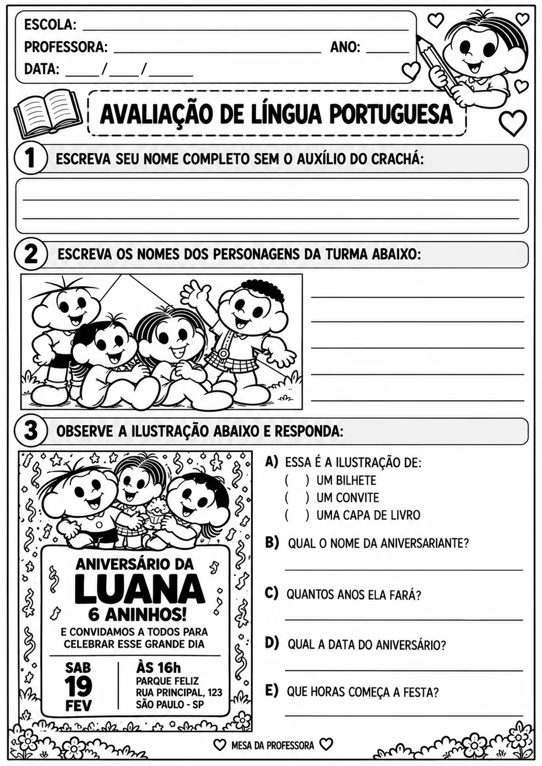 AVALIAÇÃO PORTUGUÊS - TURMA DA MÔNICA - CICLO DE ALFABETIZAÇÃO — amostra 4: MESA DA PROFESSORA