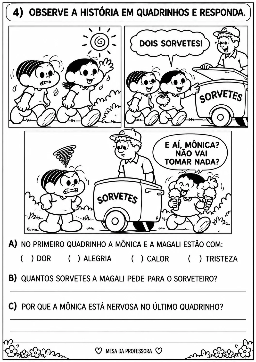 AVALIAÇÃO PORTUGUÊS - TURMA DA MÔNICA - CICLO DE ALFABETIZAÇÃO — amostra 5: FORMATO A4 | VERSÕES COLORIDA E PRETO E BRANCO…