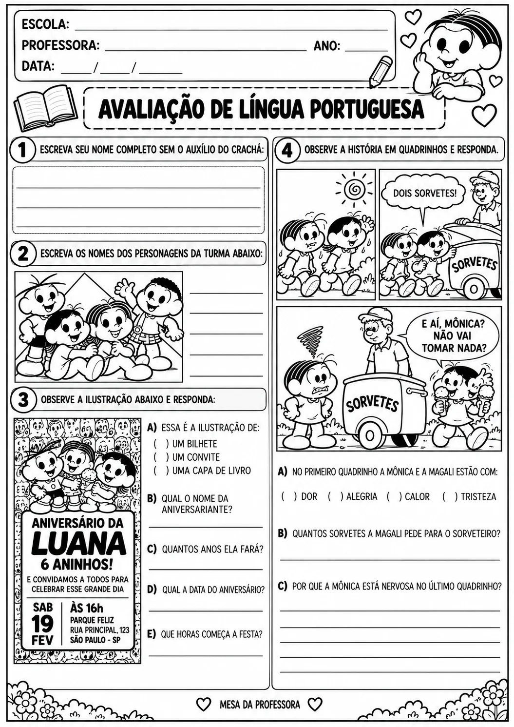 AVALIAÇÃO PORTUGUÊS - TURMA DA MÔNICA - CICLO DE ALFABETIZAÇÃO — amostra 7: Contempla a escrita do nome completo, a escrita…