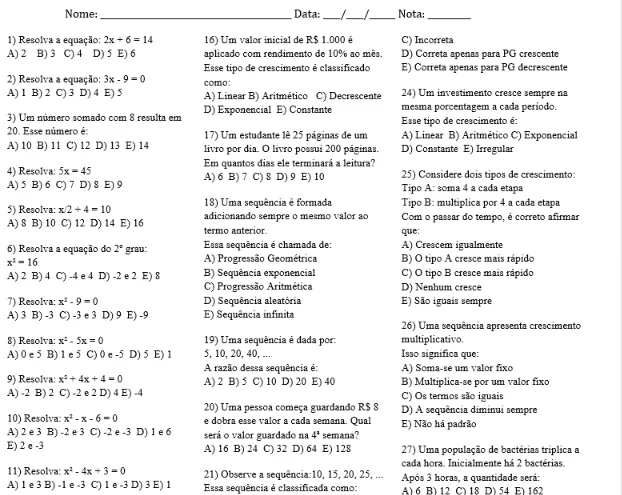 Avaliação sobre equações — Atividades para Ensino Médio: avaliação formativa sobre equações, para ensino médio