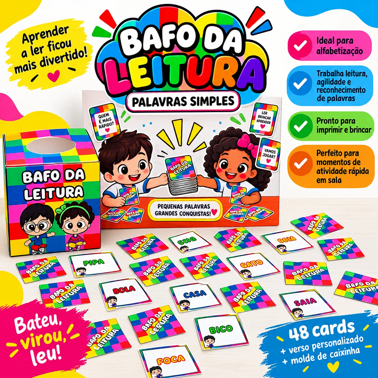 Bafo da Leitura – Virou, Leu! Jogo de Alfabetização — Alfabetização para Educação Infantil: Jogo de leitura com 48 cards de…