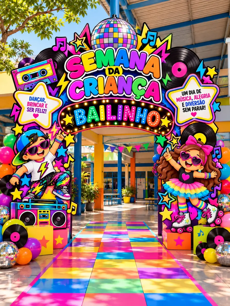 Bailinho Anos 80 - Painel Decorativo para entrada da Escola — amostra 2: O painel cria aquele clima de festa que as…