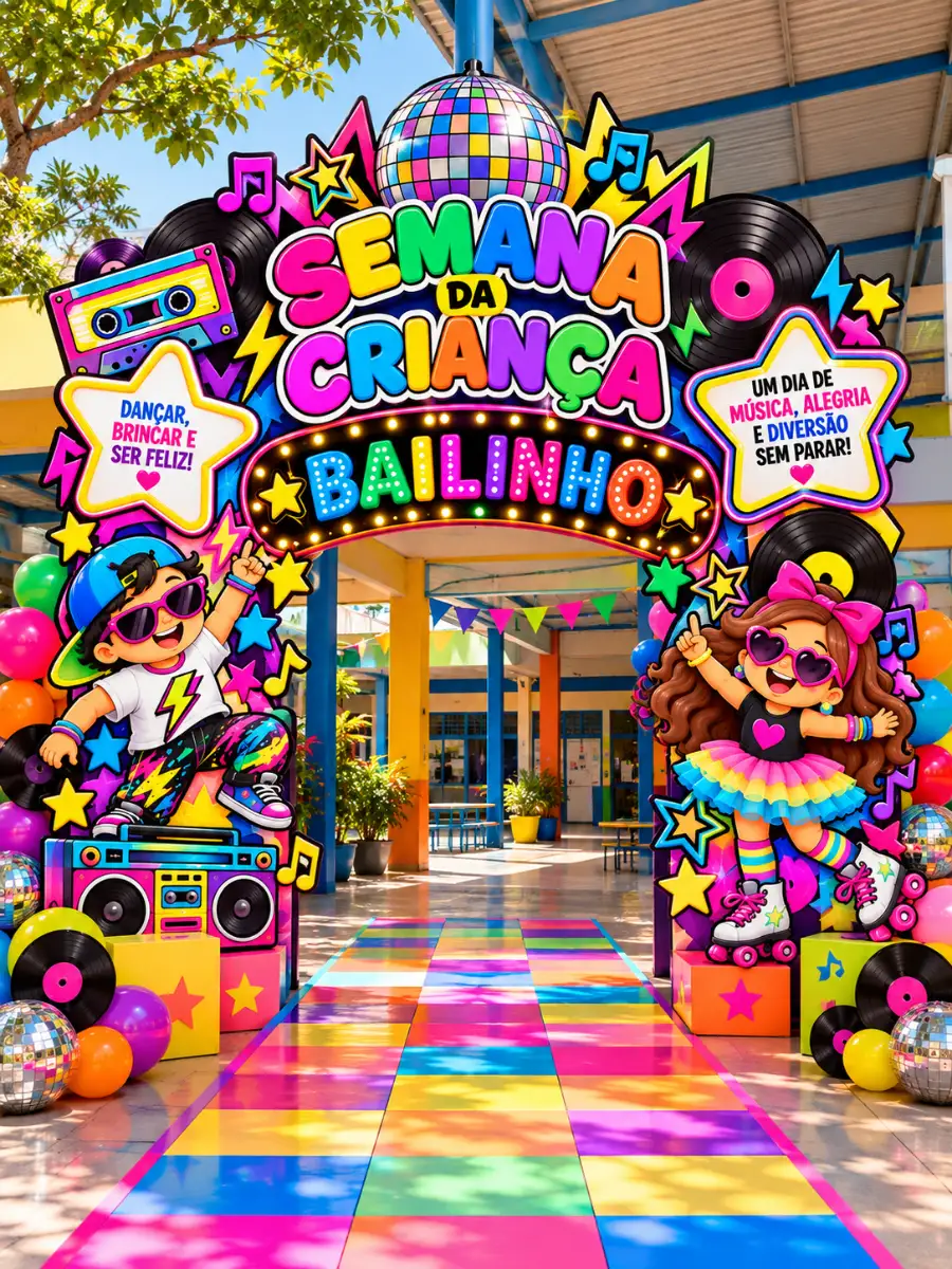 Bailinho Anos 80 - Painel Decorativo para entrada da Escola — amostra 3: O painel cria aquele clima de festa que as…