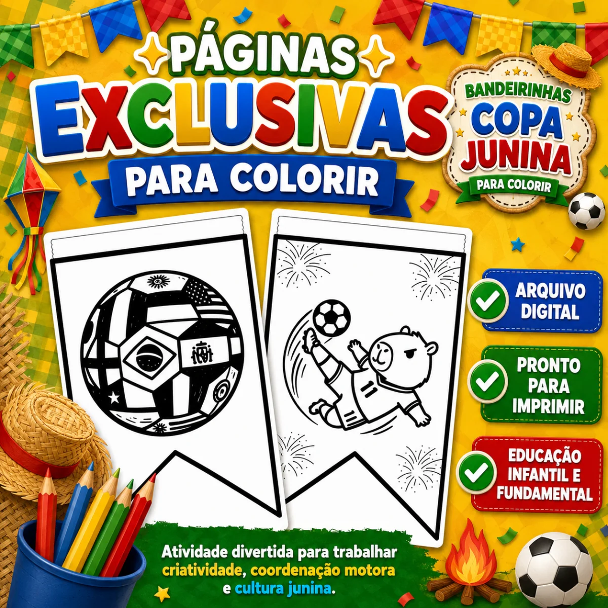 Bandeirinhas "Copa Junina" — amostra 1: Diversos modelos de bandeirinhas temáticas para colorir, unindo a alegria da Festa…