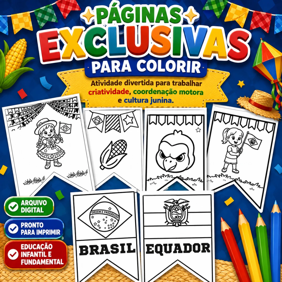 Bandeirinhas "Copa Junina" — amostra 2: Diversos modelos de bandeirinhas temáticas para colorir, unindo a alegria da Festa…