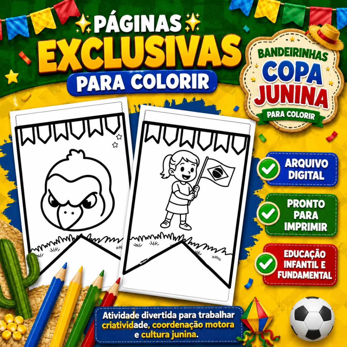 Bandeirinhas "Copa Junina" — amostra 3: Diversos modelos de bandeirinhas temáticas para colorir, unindo a alegria da Festa…