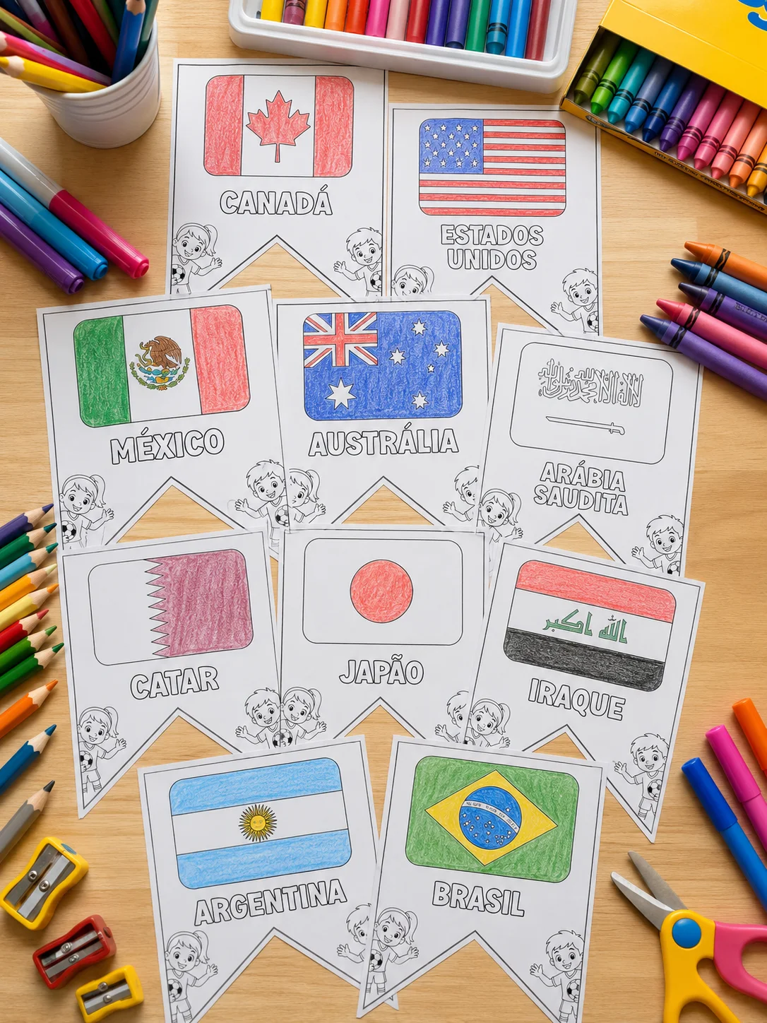 BANDEIRINHAS DOS PAÍSES DA COPA 2026 PARA COLORIR — amostra 1: O que vem no material BANDEIRINHAS DOS PAÍSES DA COPA 2026 PARA COLORIR — amostra 1: O que vem no material