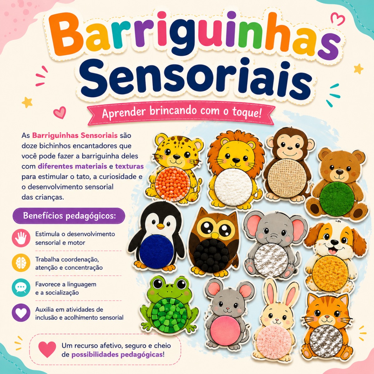 Barriguinhas Sensoriais para Educação Infantil — amostra 3: Recurso pedagógico composto por arquivo com 12 bichinhos…