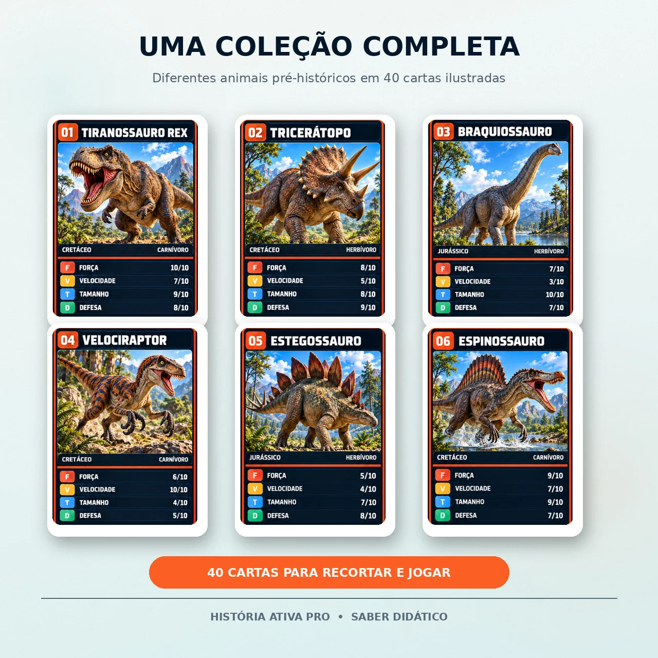Batalha dos Dinossauros - 40 Cartas para Imprimir — amostra 1: Jogo educativo com 40 cartas ilustradas de dinossauros,…