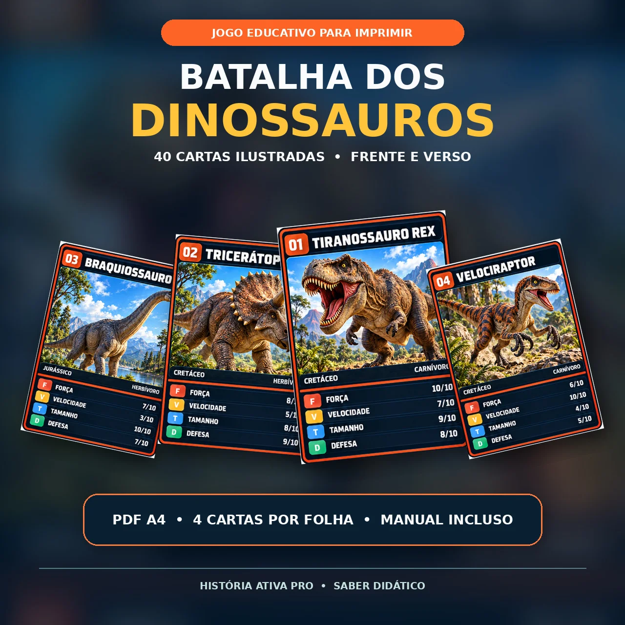 Batalha dos Dinossauros - 40 Cartas para Imprimir — Jogos pedagógicos para Todas as séries: Jogo educativo com 40 cartas…
