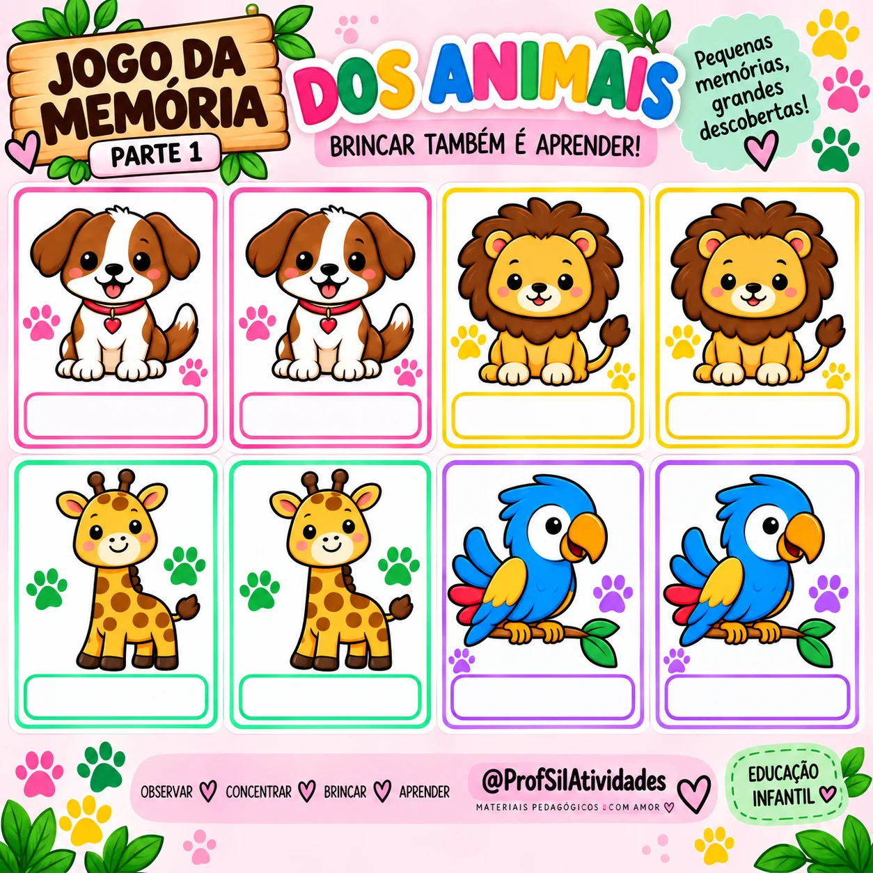 Bichos em Dobro - Jogo da Memória dos Animais — amostra 2: Encontre o par, descubra o nome e escreva Bichos em Dobro - Jogo da Memória dos Animais — amostra 2: Encontre o par, descubra o nome e escreva