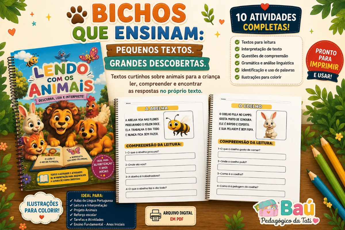 🐾 BICHOS QUE ENSINAM- Leitura e interpretação com textos curtinhos - Ler, descobrir e responder! 📚✨ — capa do material