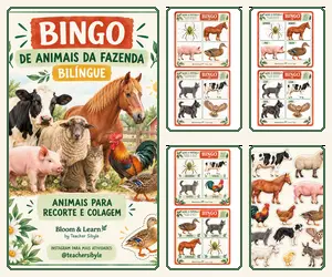 BINGO ANIMAIS DA FAZENDA - IMAGENS REAIS - CARTELAS INGLÊS E PORTUGUÊS — amostra 1: 📄 Especificações do produto