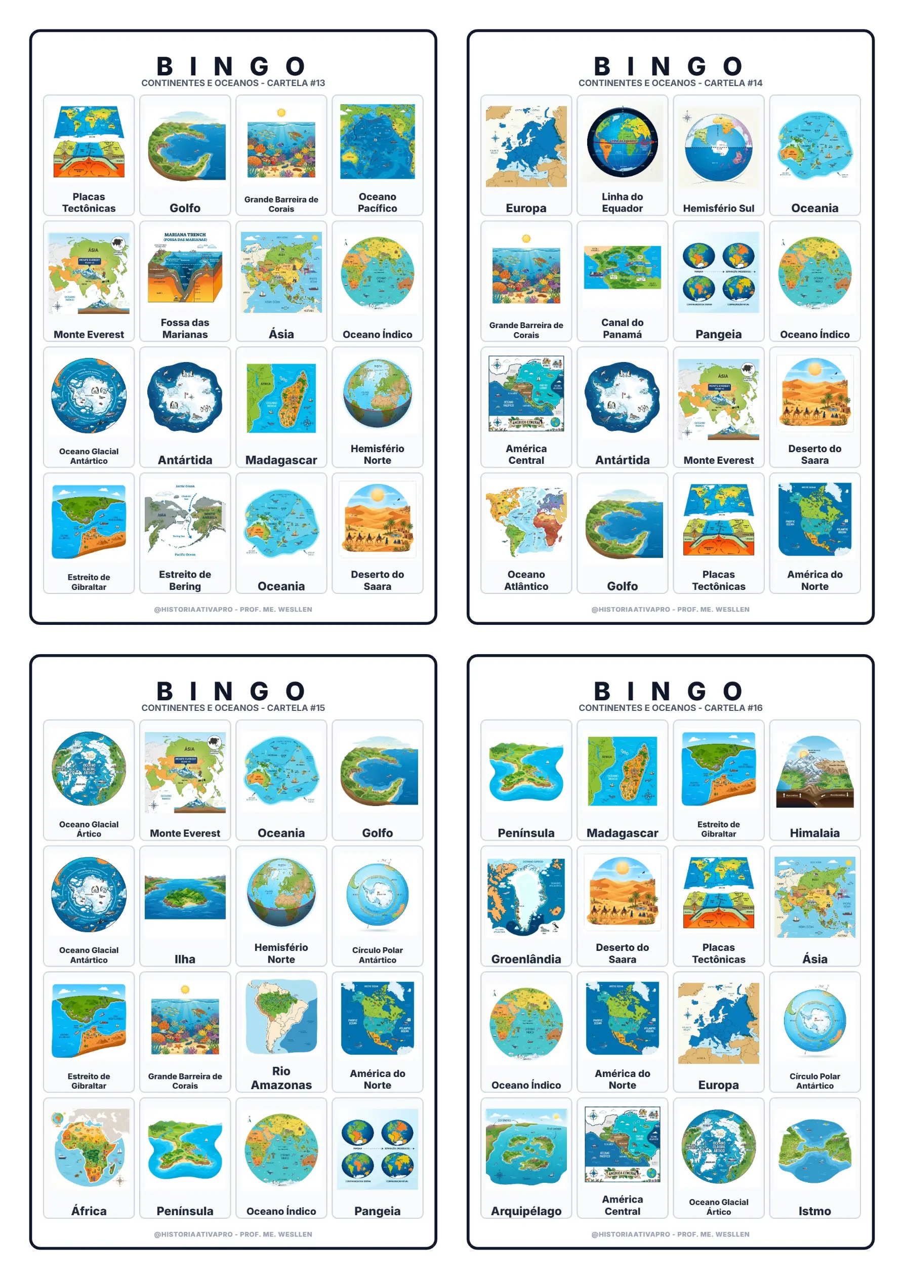 Bingo Continentes e Oceanos - Geografia 6º ano — amostra 2: Bingo didático ilustrado sobre continentes e oceanos para o 6º…