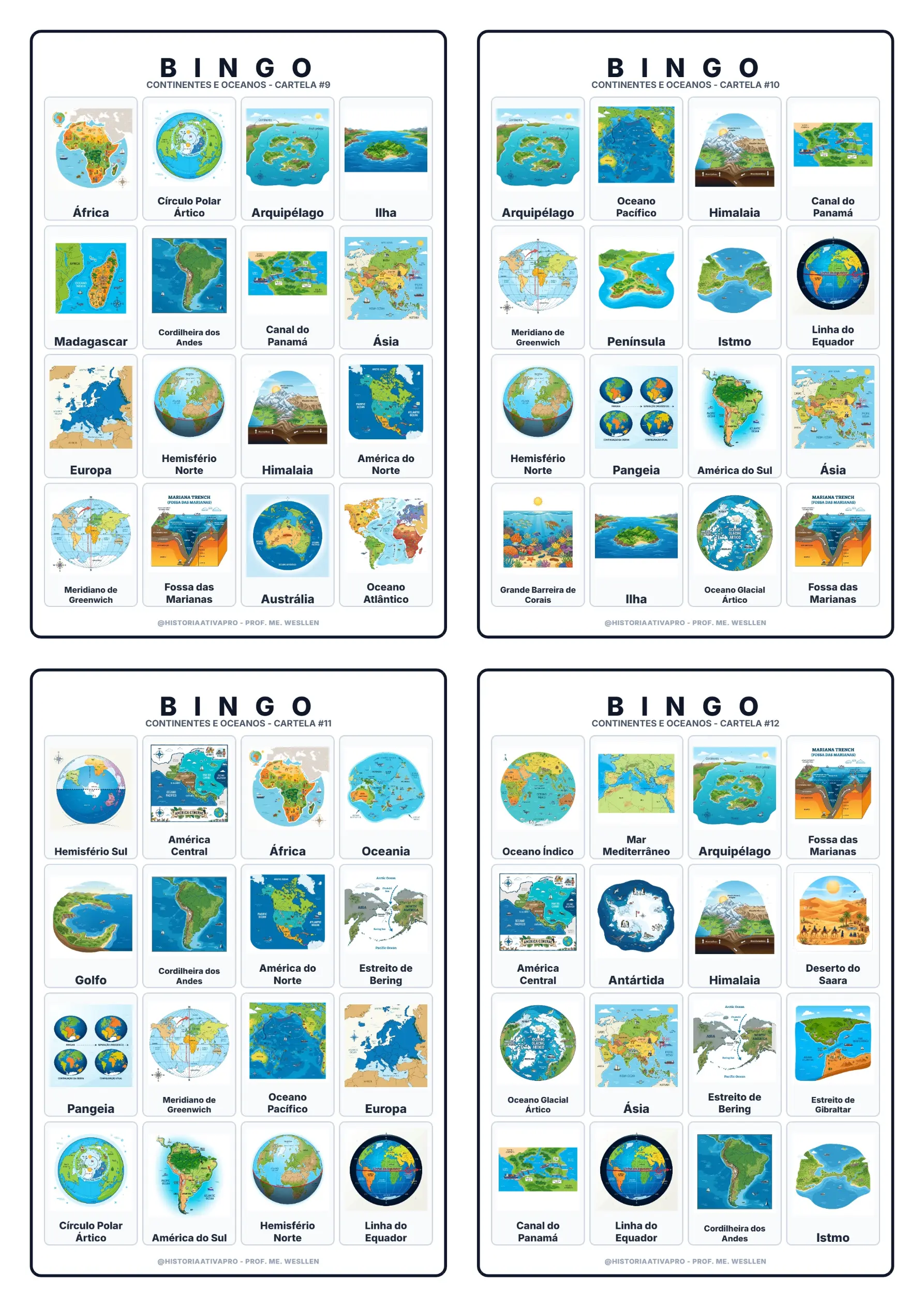 Bingo Continentes e Oceanos - Geografia 6º ano — amostra 3: Bingo didático ilustrado sobre continentes e oceanos para o 6º…