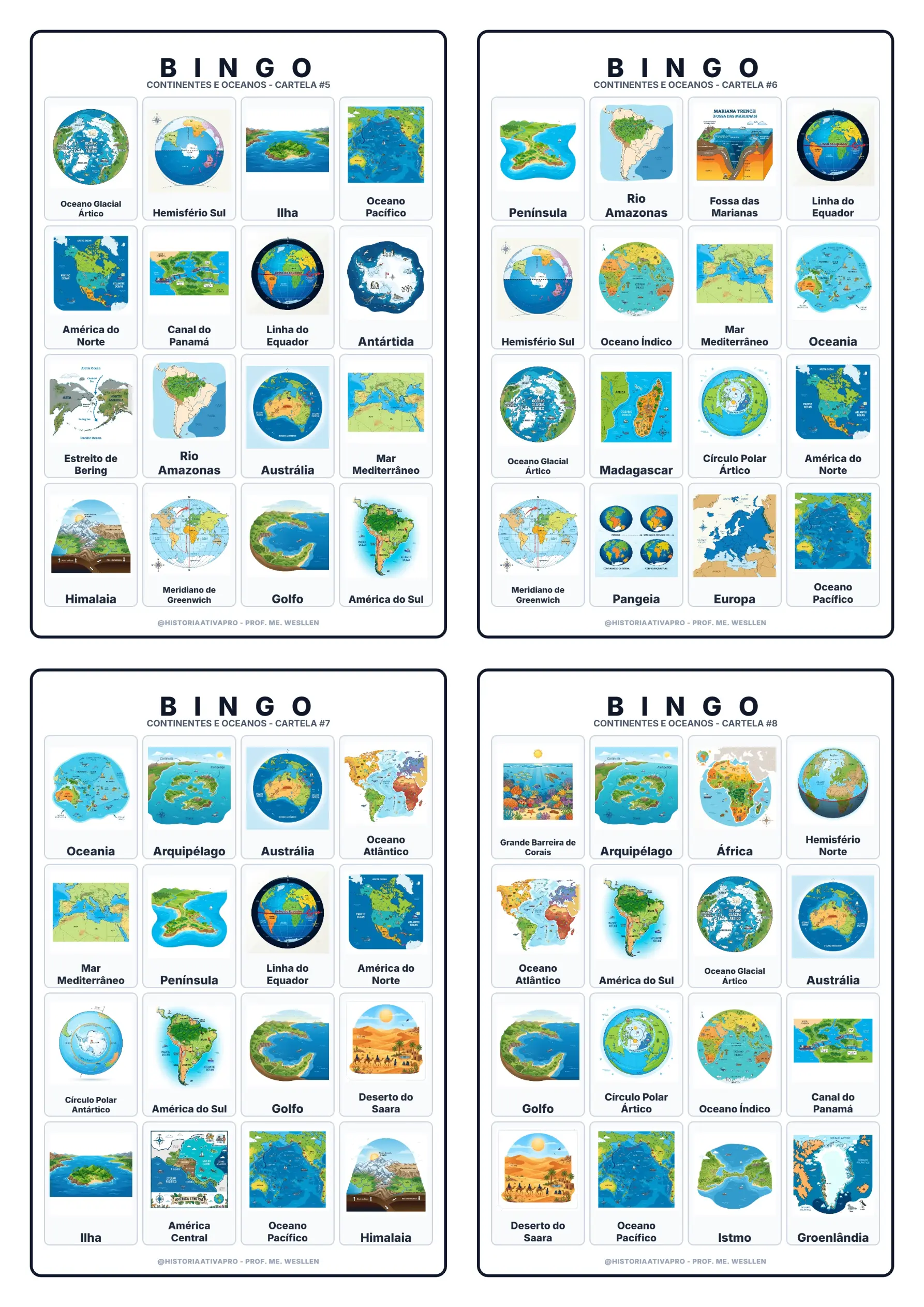 Bingo Continentes e Oceanos - Geografia 6º ano — amostra 4: Bingo didático ilustrado sobre continentes e oceanos para o 6º…