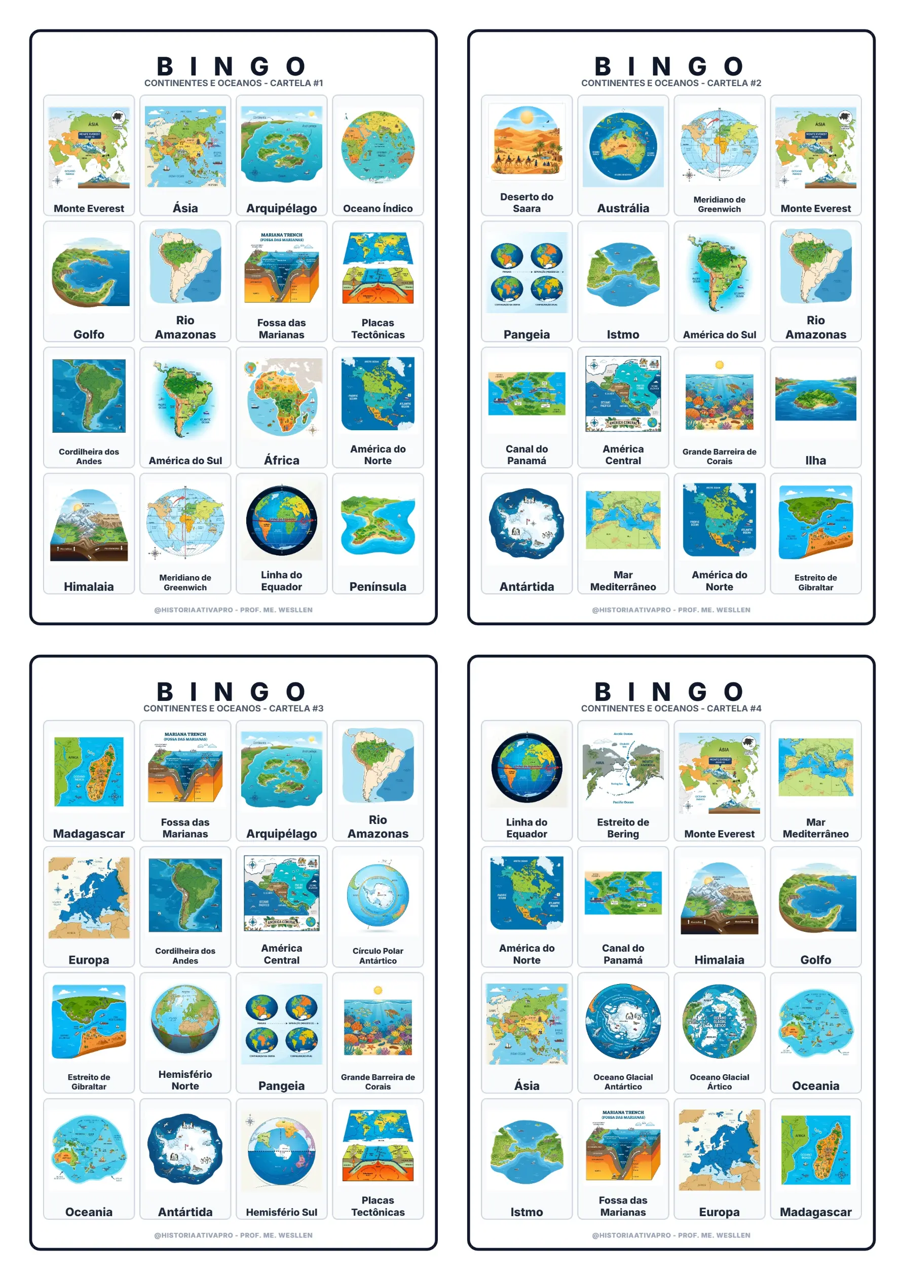 Bingo Continentes e Oceanos - Geografia 6º ano — amostra 5: Bingo didático ilustrado sobre continentes e oceanos para o 6º…