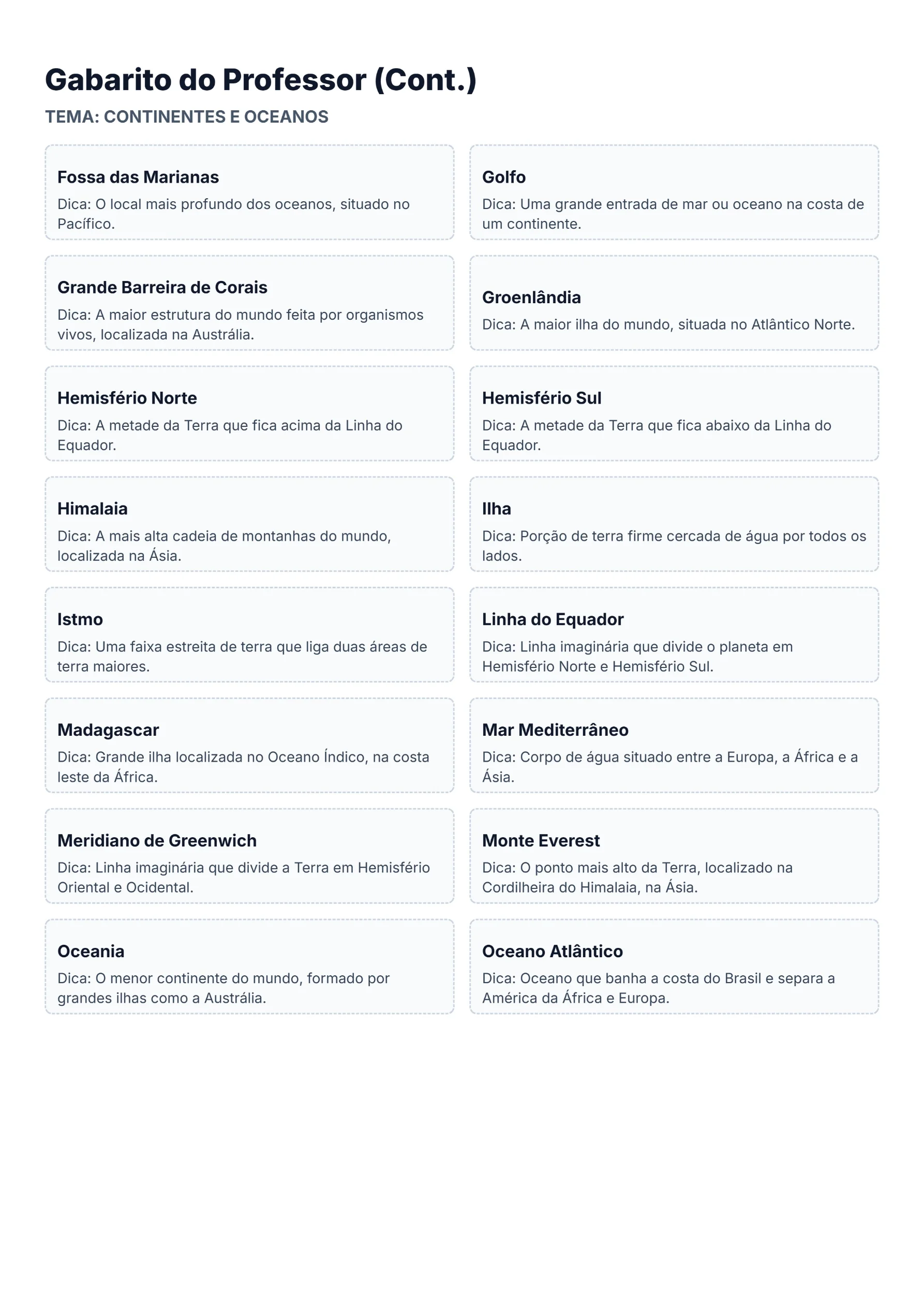Bingo Continentes e Oceanos - Geografia 6º ano — amostra 7: Bingo didático ilustrado sobre continentes e oceanos para o 6º…
