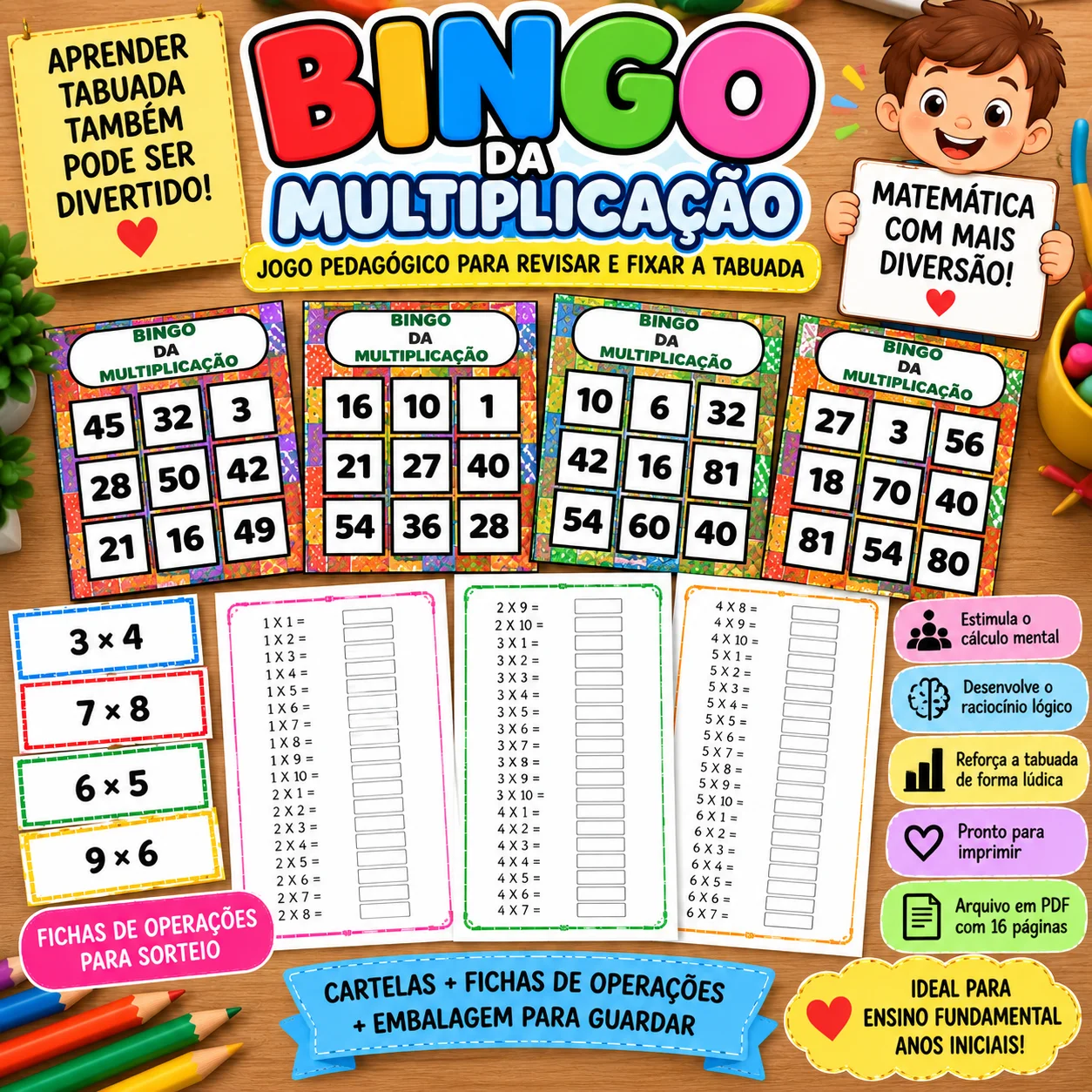 Bingo da Multiplicação Jogo da Tabuada para Ensino Fundamental — amostra 1: INGO DA MULTIPLICAÇÃO – APRENDENDO A TABUADA…