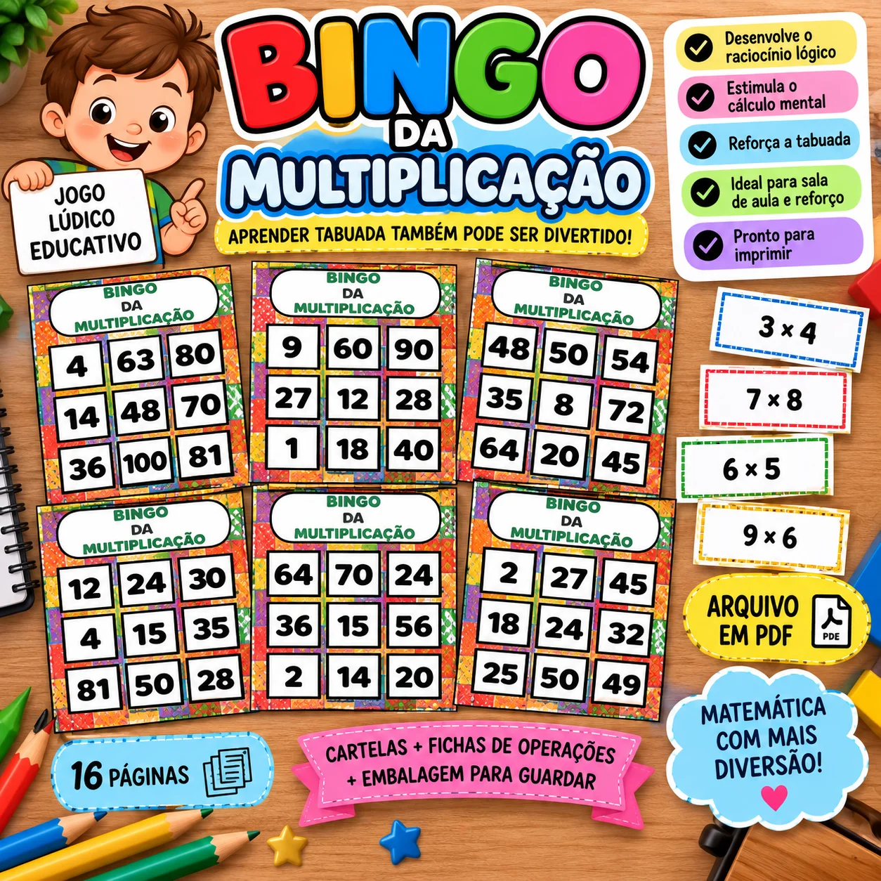 Bingo da Multiplicação Jogo da Tabuada para Ensino Fundamental — amostra 3: Bingo da Multiplicação para aprender e revisar…