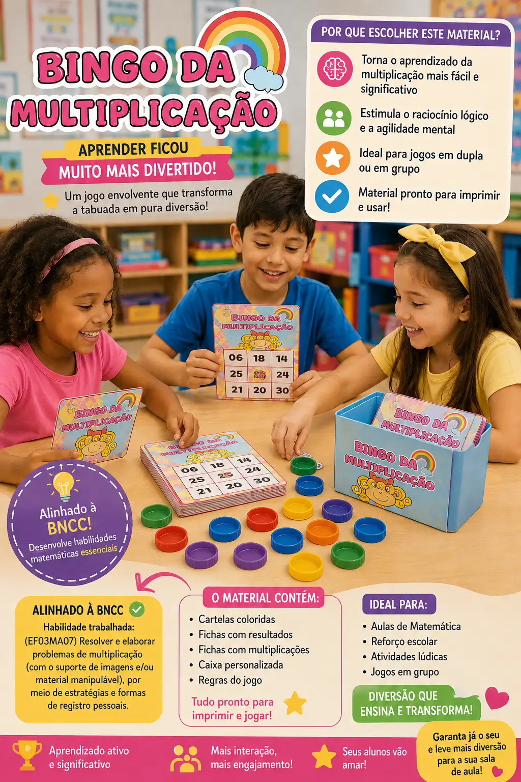 Bingo da Multiplicação: Jogo Matemático para 3º, 4º e 5º ano — amostra 1: Bingo da Multiplicação com cartelas numéricas e…