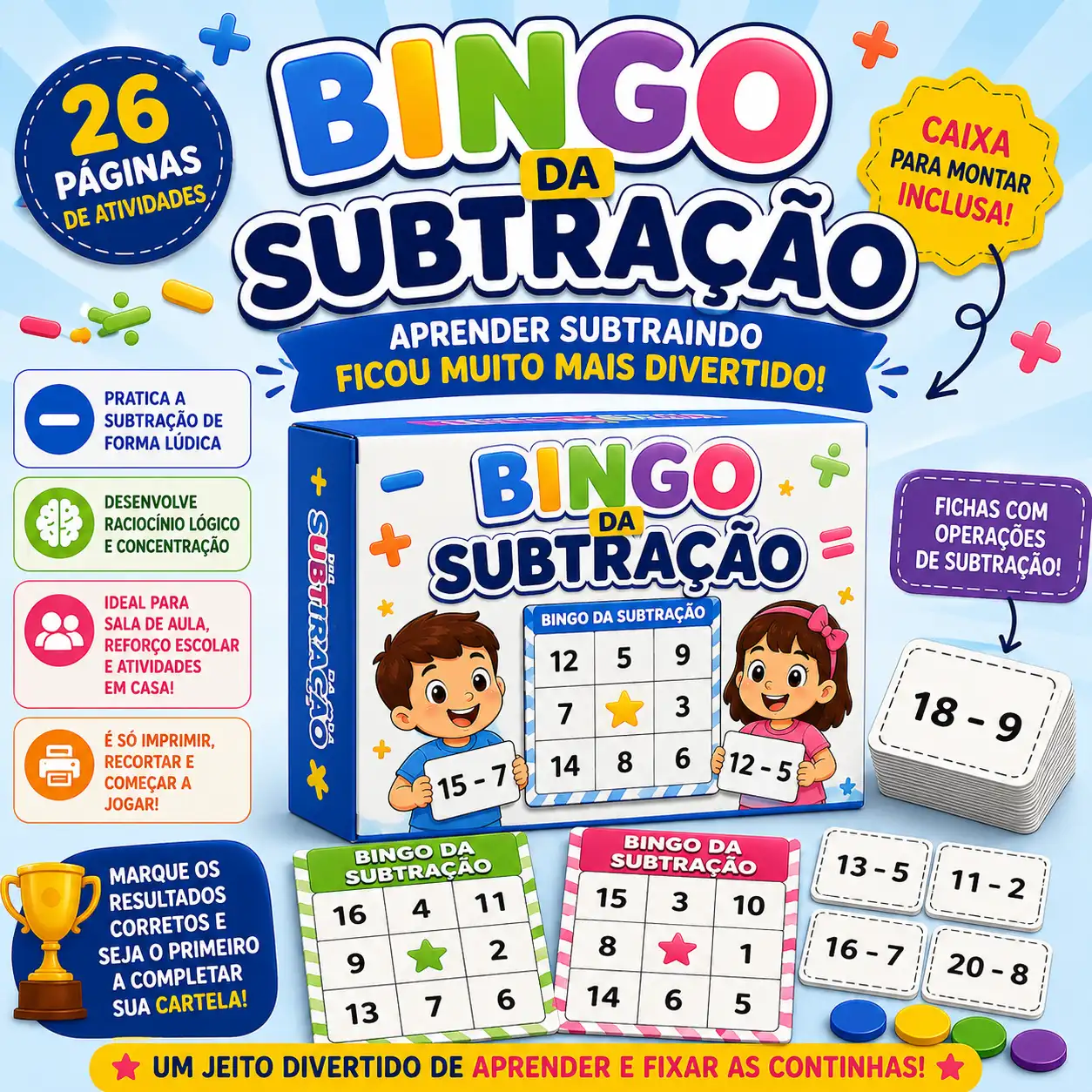 BINGO DA SUBTRAÇÃO - ATIVIDADE DE MATEMÁTICA — Alfabetização para Todas as séries: Com o Bingo da Subtração , os alunos…