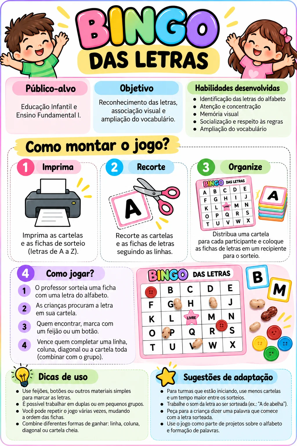 Bingo das Letras: alfabeto | Educação Infantil e Ensino Fundamental — amostra 3: Jogo Bingo das Letras com 16 cartelas,…