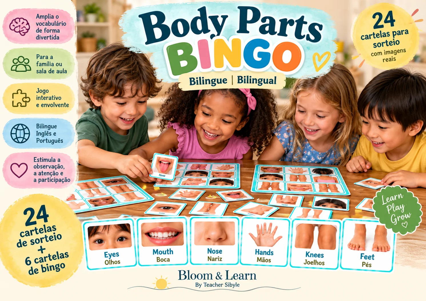 Bingo das Partes do Corpo em Inglês | Jogo Bilíngue Infantil — Jogos pedagógicos para Educação Infantil: Bingo bilíngue das…