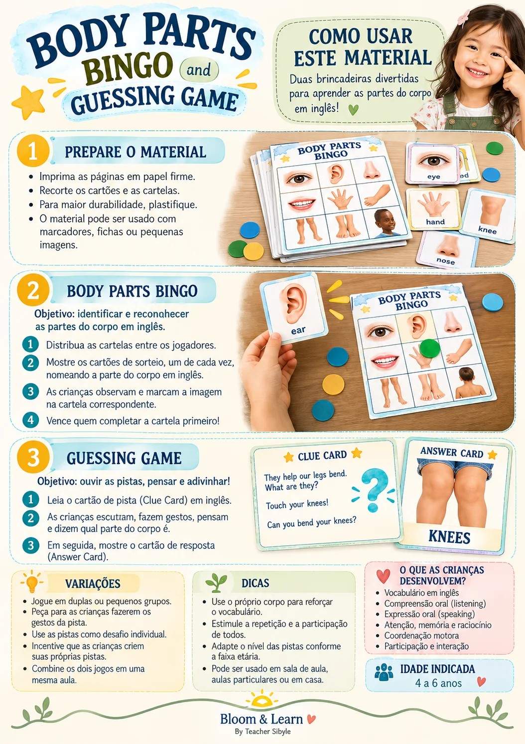 Bingo das Partes do Corpo em Inglês +Jogo de Adivinhação PDF — amostra 5: Bingo das partes do corpo em inglês com 8…