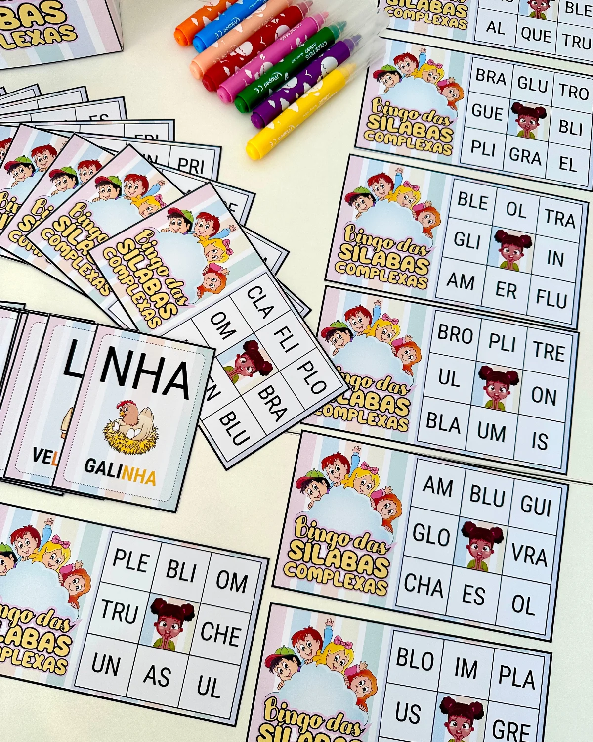 Bingo das Sílabas Complexas: 20 Cartelas + Fichas Ilustradas — amostra 6: Domine a leitura de palavras difíceis com o Bingo…