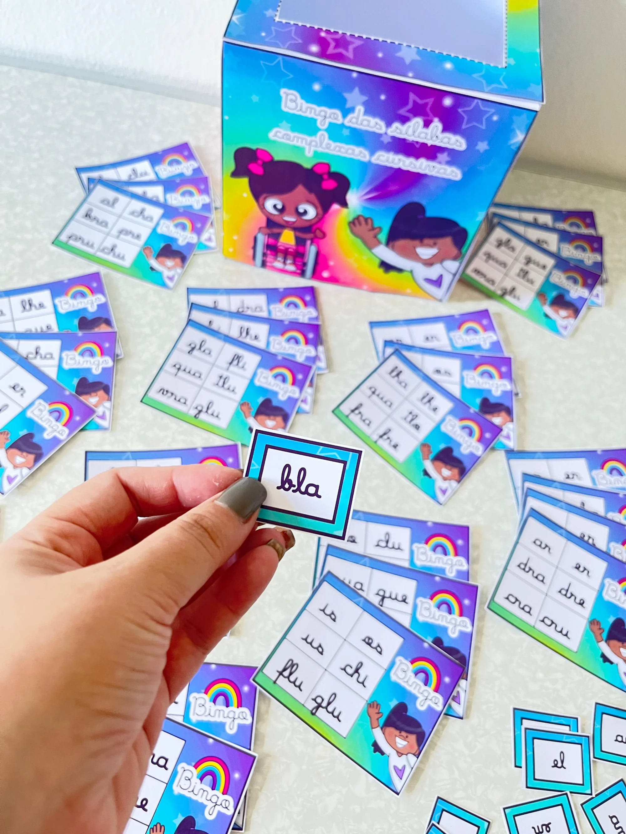 Bingo das Sílabas Complexas em Letra Cursiva — amostra 6: Jogo de bingo com sílabas complexas em letra cursiva para…