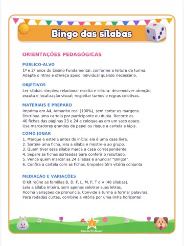 Bingo das Sílabas para Imprimir — 20 Cartelas em PDF — amostra 1: Explore a leitura de sílabas simples de forma lúdica com…