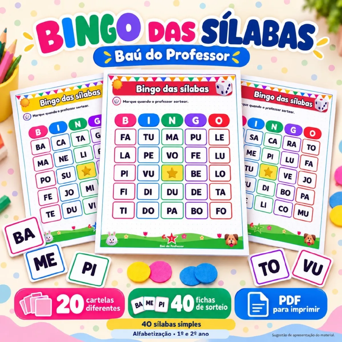 Bingo das Sílabas para Imprimir — 20 Cartelas em PDF — Alfabetização para Educação Infantil: Bingo das Sílabas para…