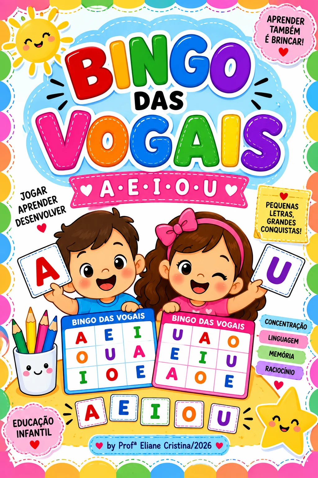 – BINGO DAS VOGAIS 🎲🔤 Título: 🌈 Bingo das Vogais – Atividade Lúdica para Educação Infantil PDF — capa do material