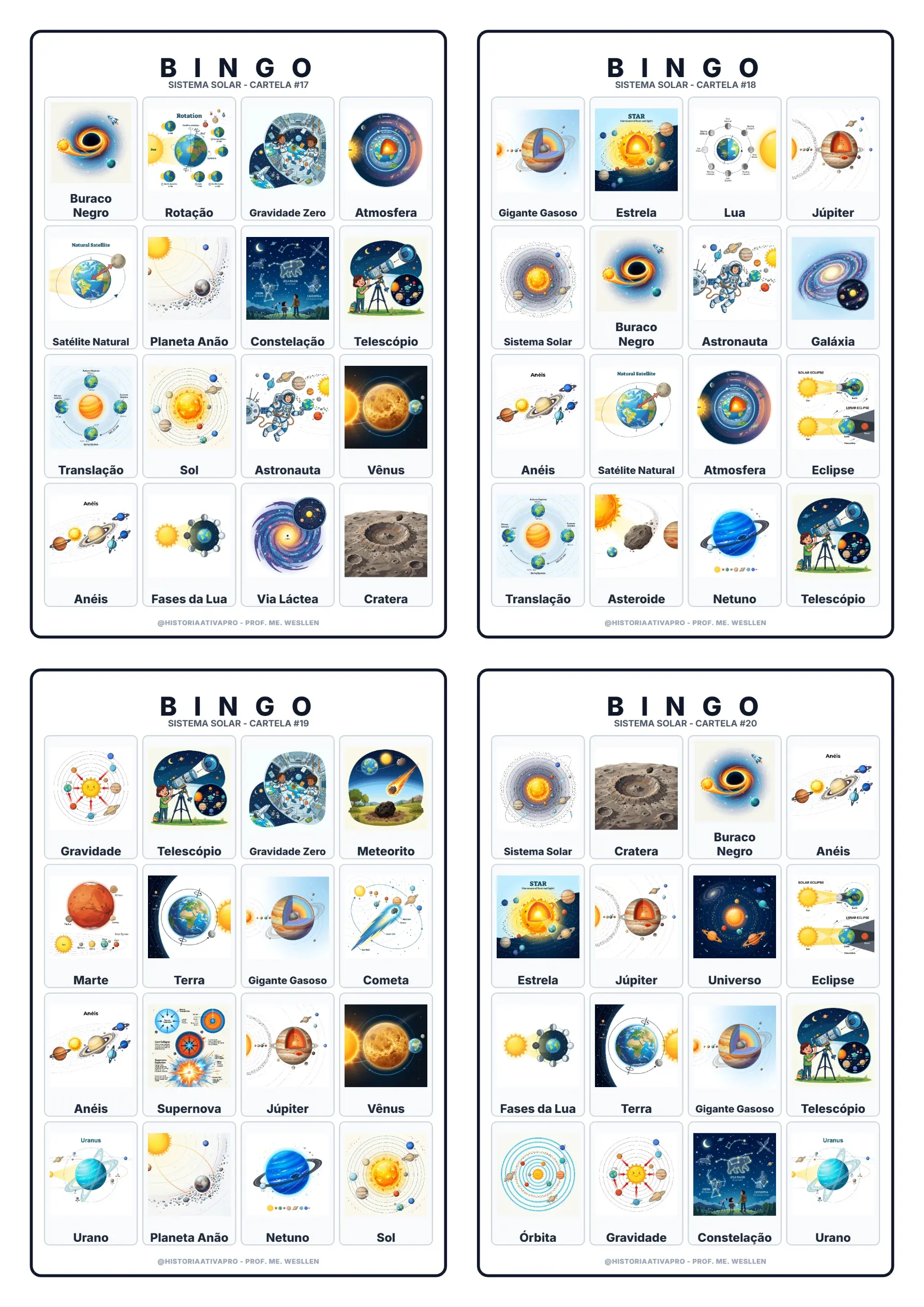 Bingo de Ciências: Sistema Solar — amostra 1: Jogo de Bingo sobre o Sistema Solar, planetas e astronomia