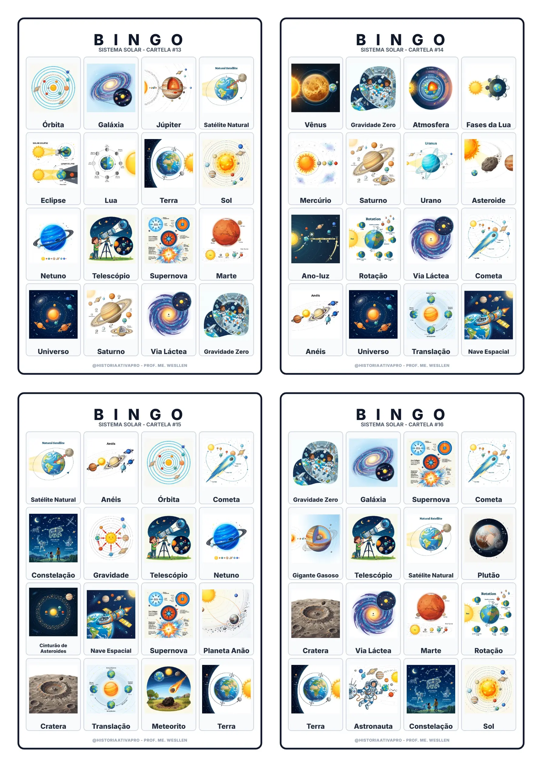 Bingo de Ciências: Sistema Solar — amostra 2: Jogo de Bingo sobre o Sistema Solar, planetas e astronomia