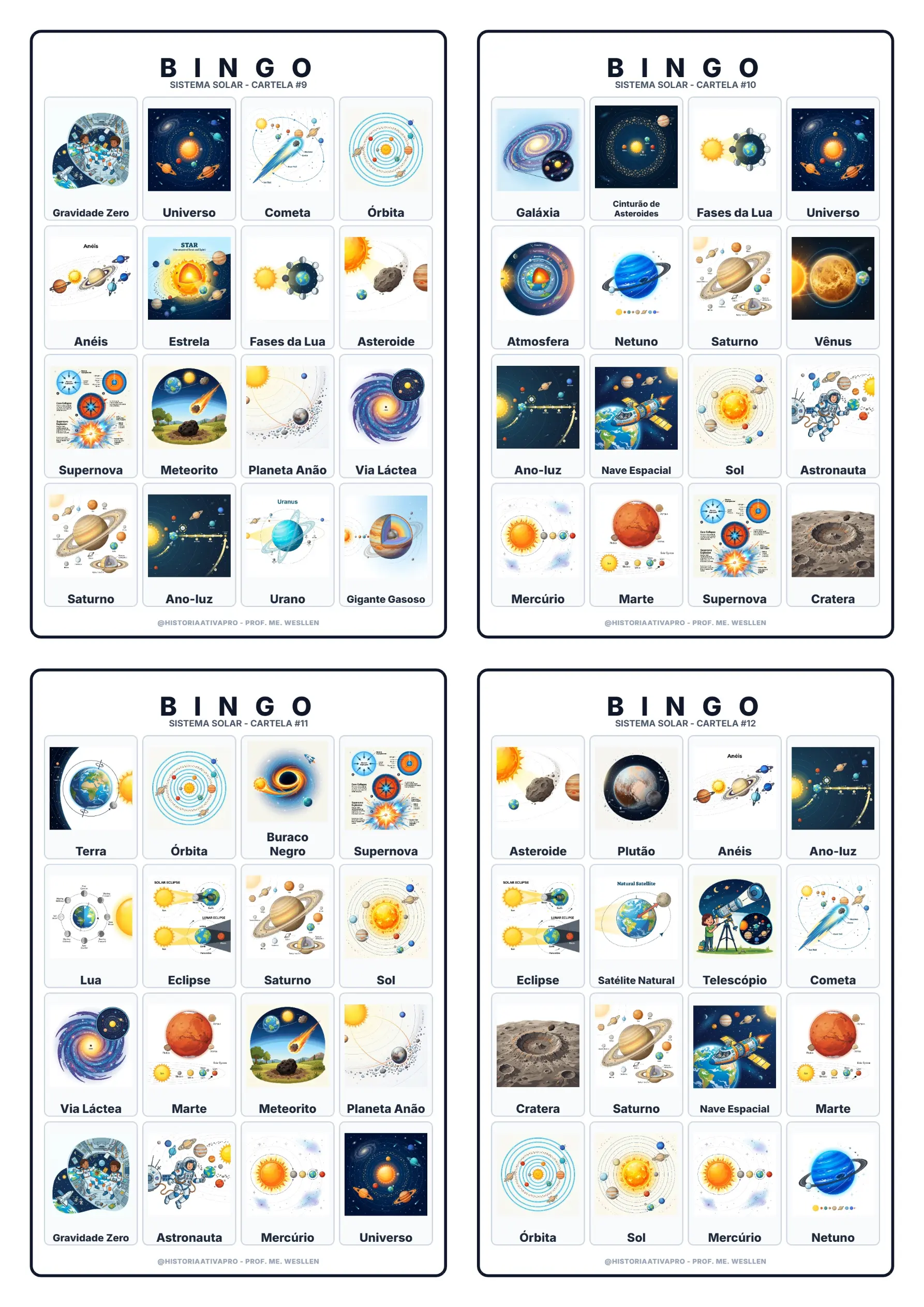 Bingo de Ciências: Sistema Solar — amostra 3: Jogo de Bingo sobre o Sistema Solar, planetas e astronomia
