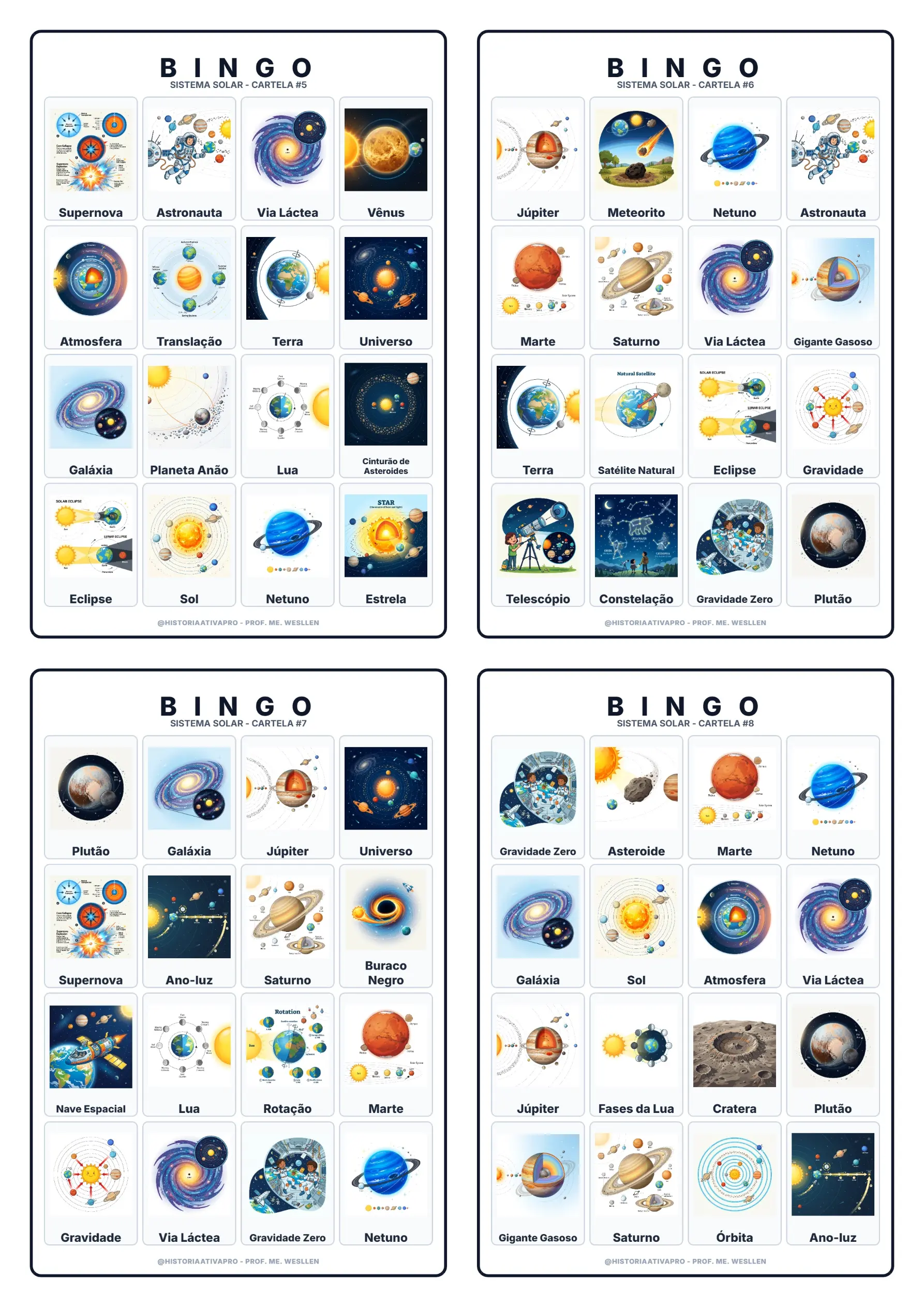 Bingo de Ciências: Sistema Solar — amostra 4: Jogo de Bingo sobre o Sistema Solar, planetas e astronomia