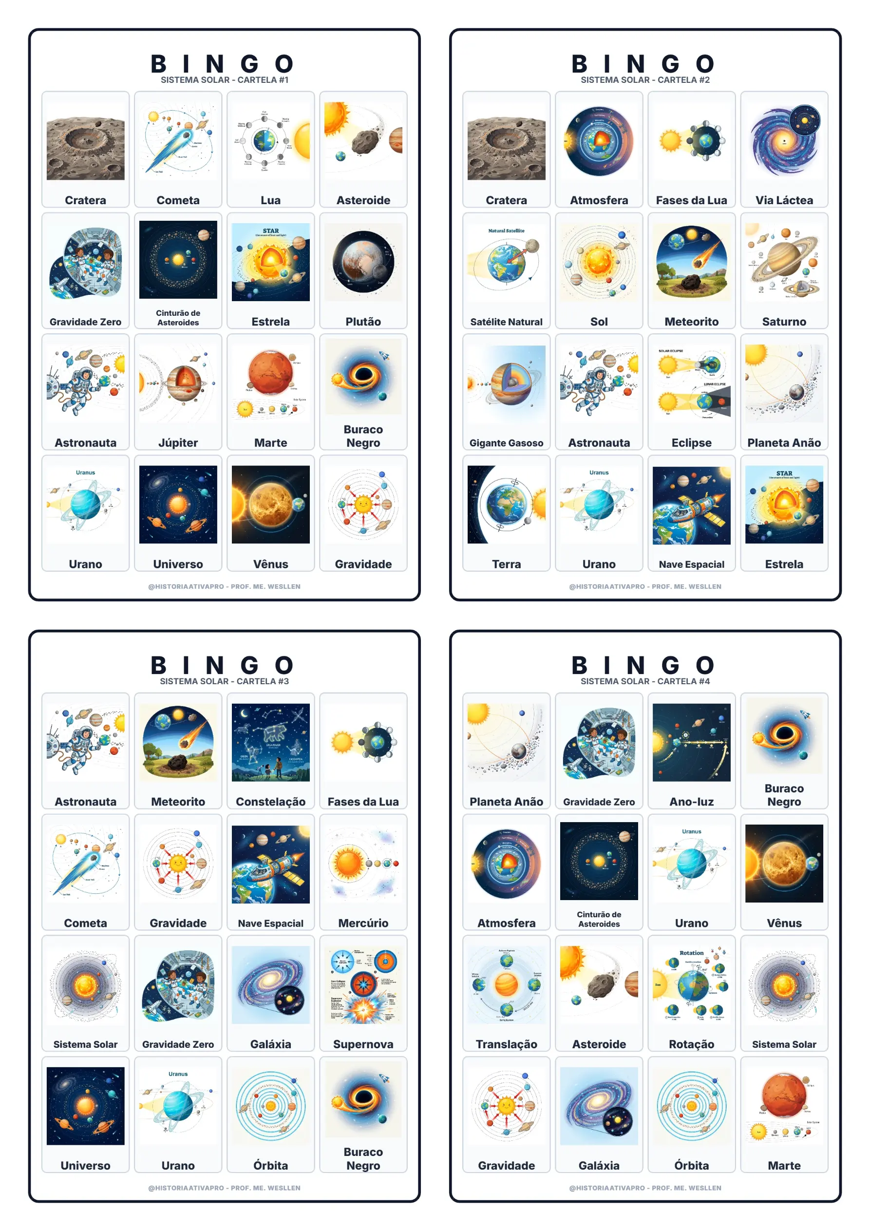 Bingo de Ciências: Sistema Solar — amostra 5: Jogo de Bingo sobre o Sistema Solar, planetas e astronomia