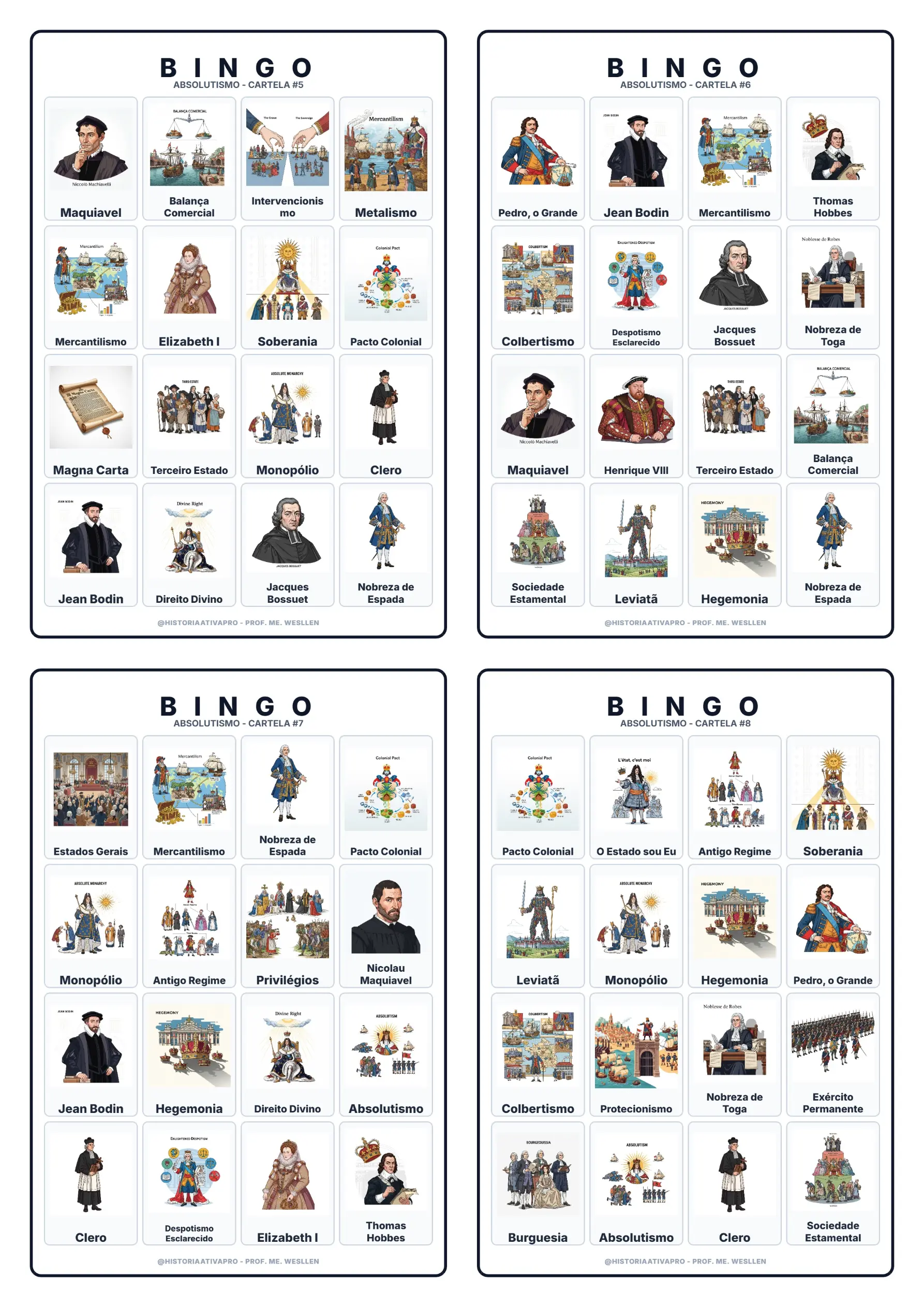 Bingo de História: Absolutismo Monárquico - 7º e 8º Ano e Ensino Médio — amostra 5: Jogo de Bingo sobre o Absolutismo…