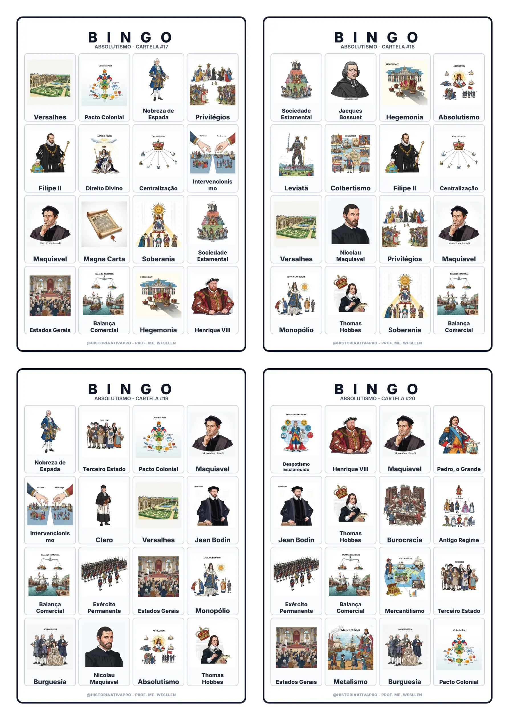 Bingo de História: Absolutismo Monárquico - 7º e 8º Ano e Ensino Médio — amostra 7: Jogo de Bingo sobre o Absolutismo…