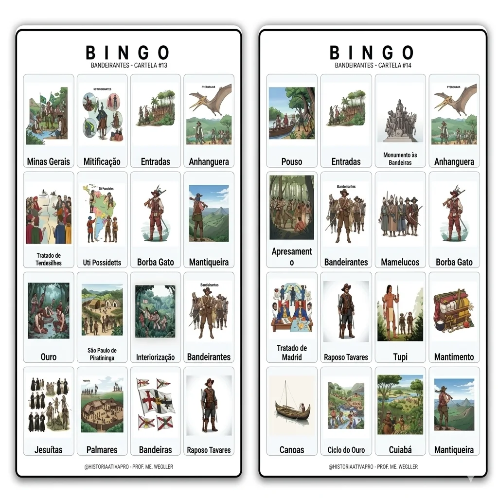 Bingo de História: Bandeirantes e Expansão - 7º Ano — Jogos pedagógicos para Fundamental II (6º–9º): Jogo de Bingo sobre…