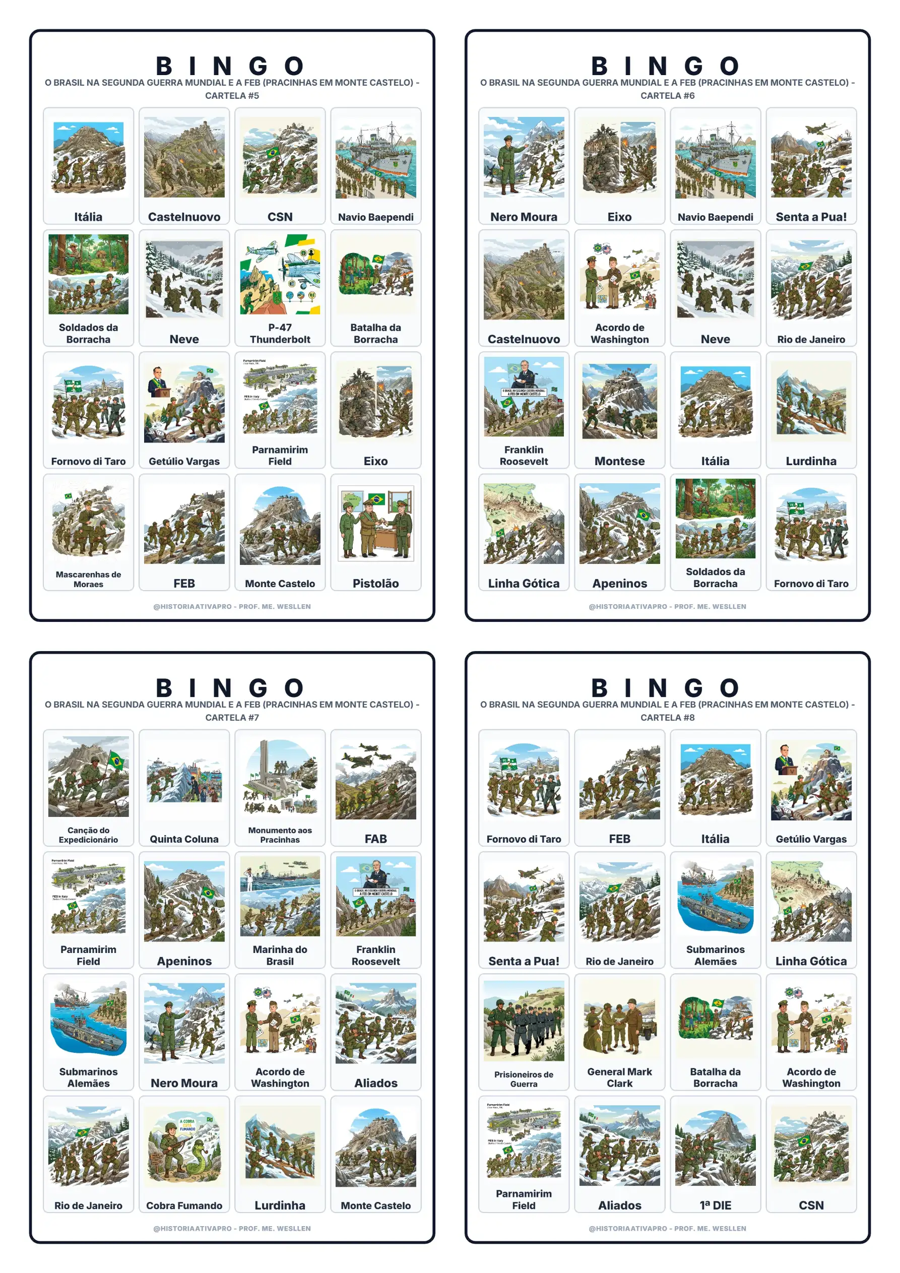 Bingo de História: Brasil na 2ª Guerra e FEB - 9º Ano — amostra 4: Jogo de Bingo sobre o Brasil na Segunda Guerra Mundial e…