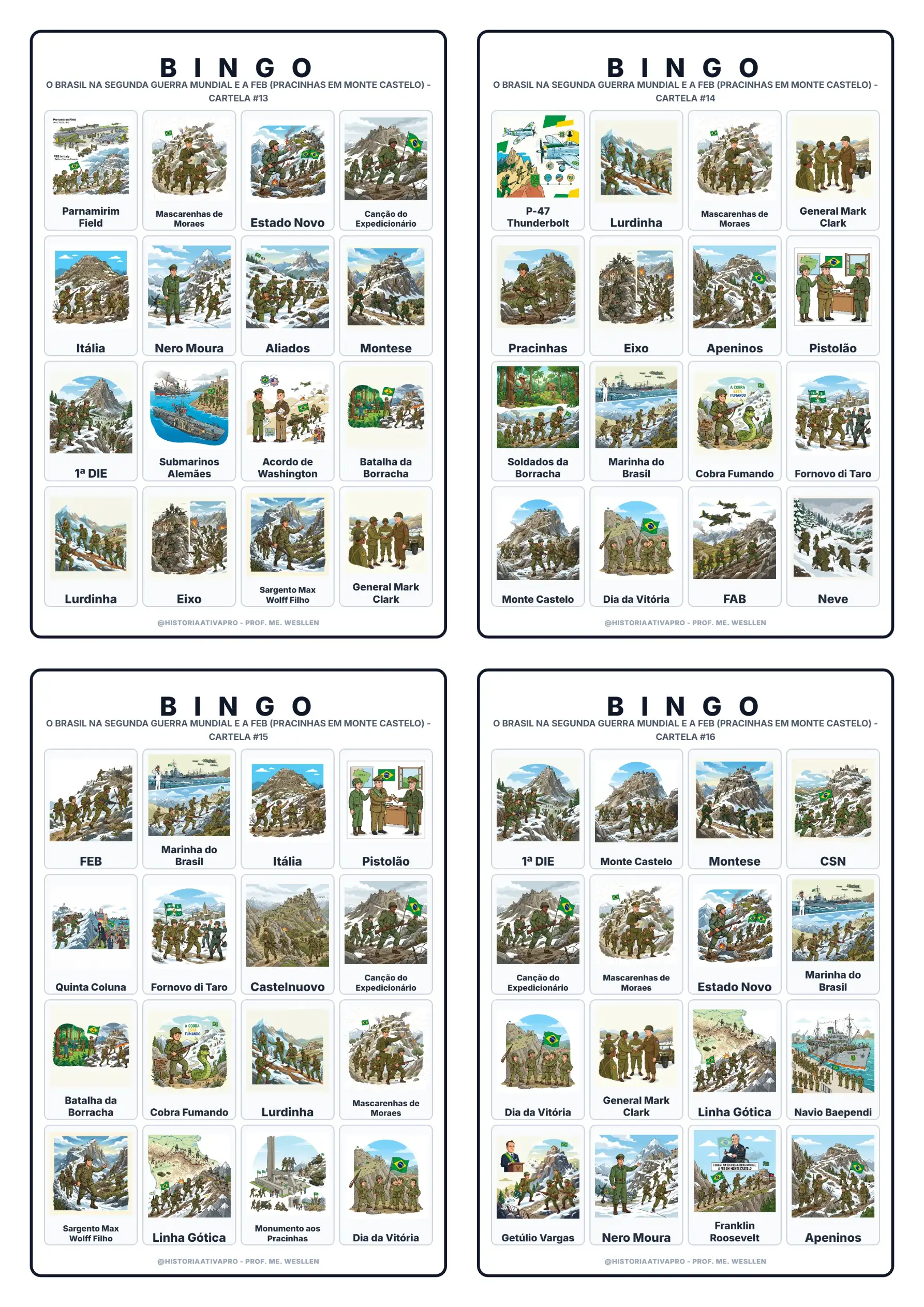 Bingo de História: Brasil na 2ª Guerra e FEB - 9º Ano — amostra 6: Jogo de Bingo sobre o Brasil na Segunda Guerra Mundial e…